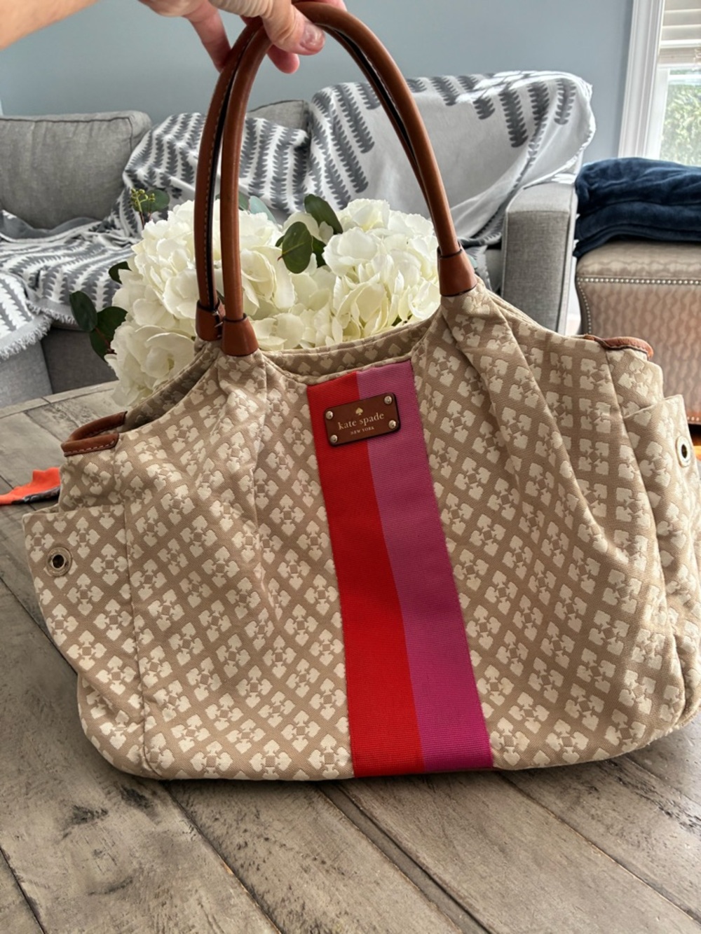 kate spade Beige Canvas Tote Diaper Bag or Beach Bawith Pink & Red Center Stripe